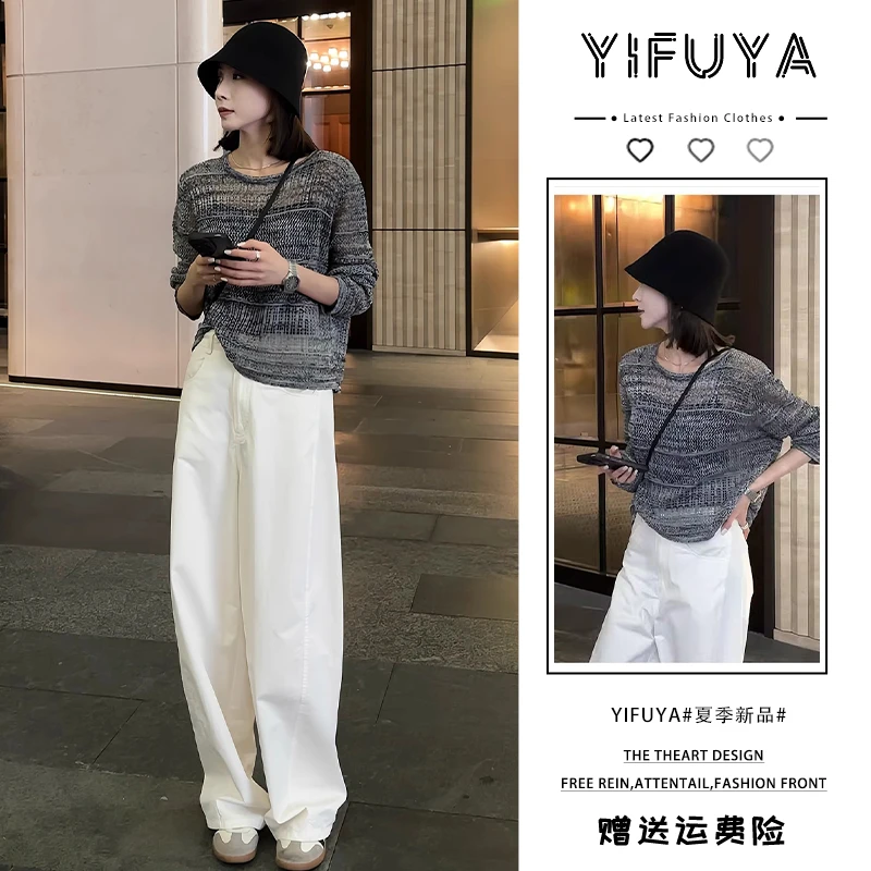 早秋穿搭一整套2025新款欧货时尚减龄镂空针织衫白色阔腿裤两件套