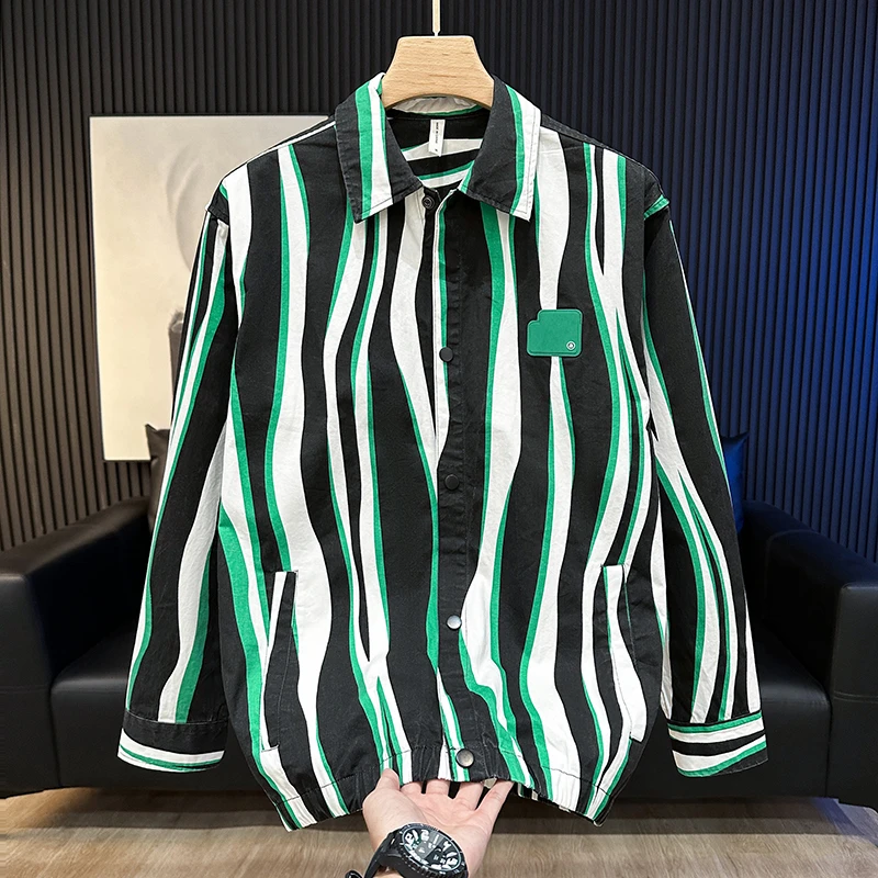 春秋季拼色条纹长袖衬衫男潮牌宽松百搭休闲翻领纯棉男装衬衣外套