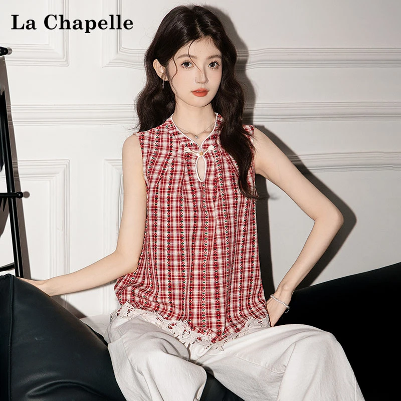 拉夏贝尔新中式复古格纹蕾丝花边衬衫女2025夏季新款无袖洋气上衣