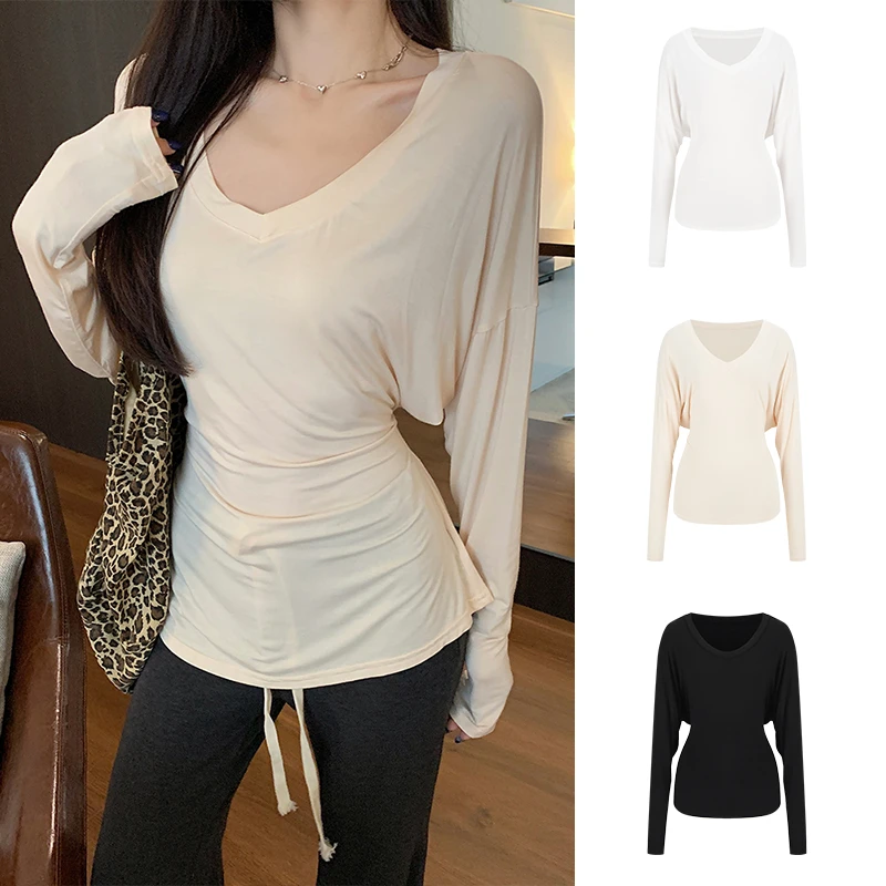 Moses Queen/魔西女王纯欲V领掐腰面膜Tee气质显瘦露肩袖长袖上衣