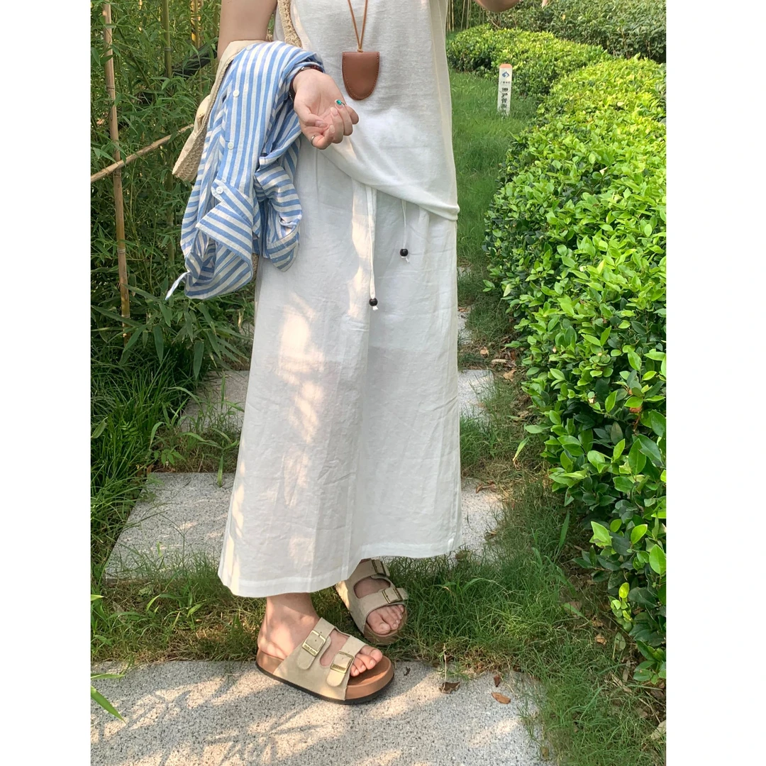 日系棉麻半身裙 简约透气显瘦百搭后开叉直筒半身裙松紧腰夏季