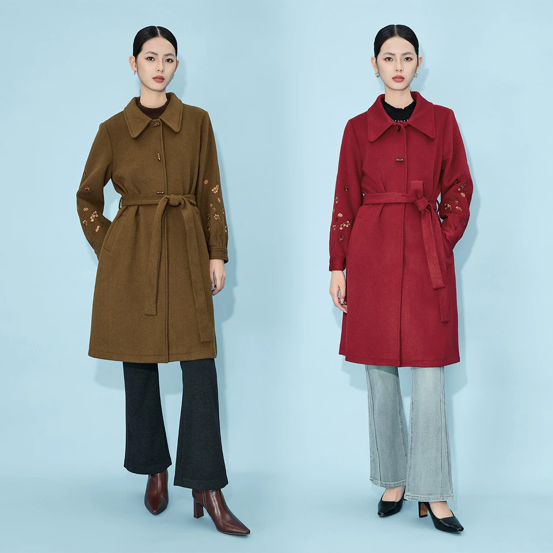 MY TENO/马天奴VDAI01气质时尚女士收腰毛呢中长款秋冬双排扣大衣