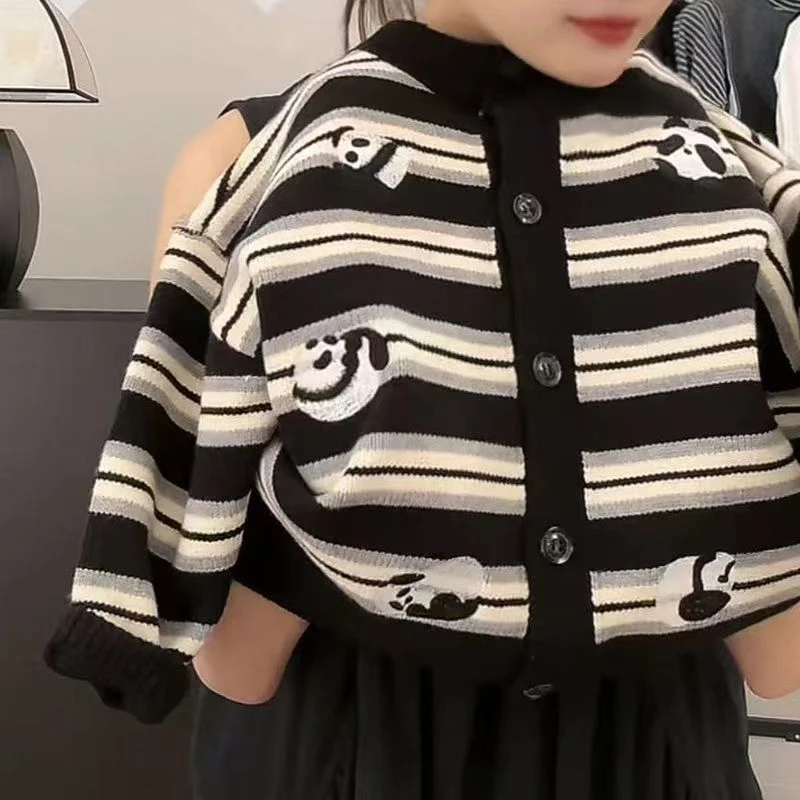 毛衣上衣2025针织衫长袖韩版卡通动漫时尚条纹宝宝黑白儿童宽松