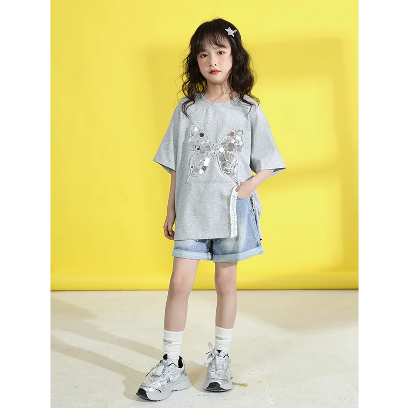 雨星雨嫣女童短袖T恤夏季2025新款儿童开叉下摆蝴蝶图案童装上28