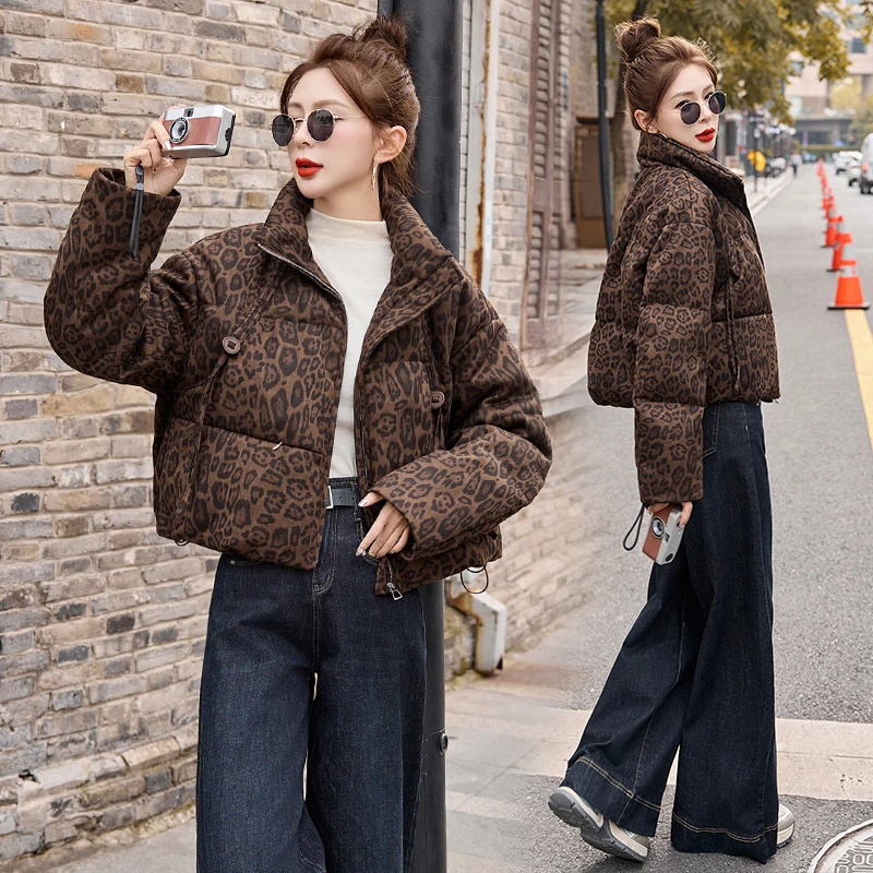 短款羽绒服女款爆款2025新款正品时尚休闲加厚白鸭绒豹纹冬季外套