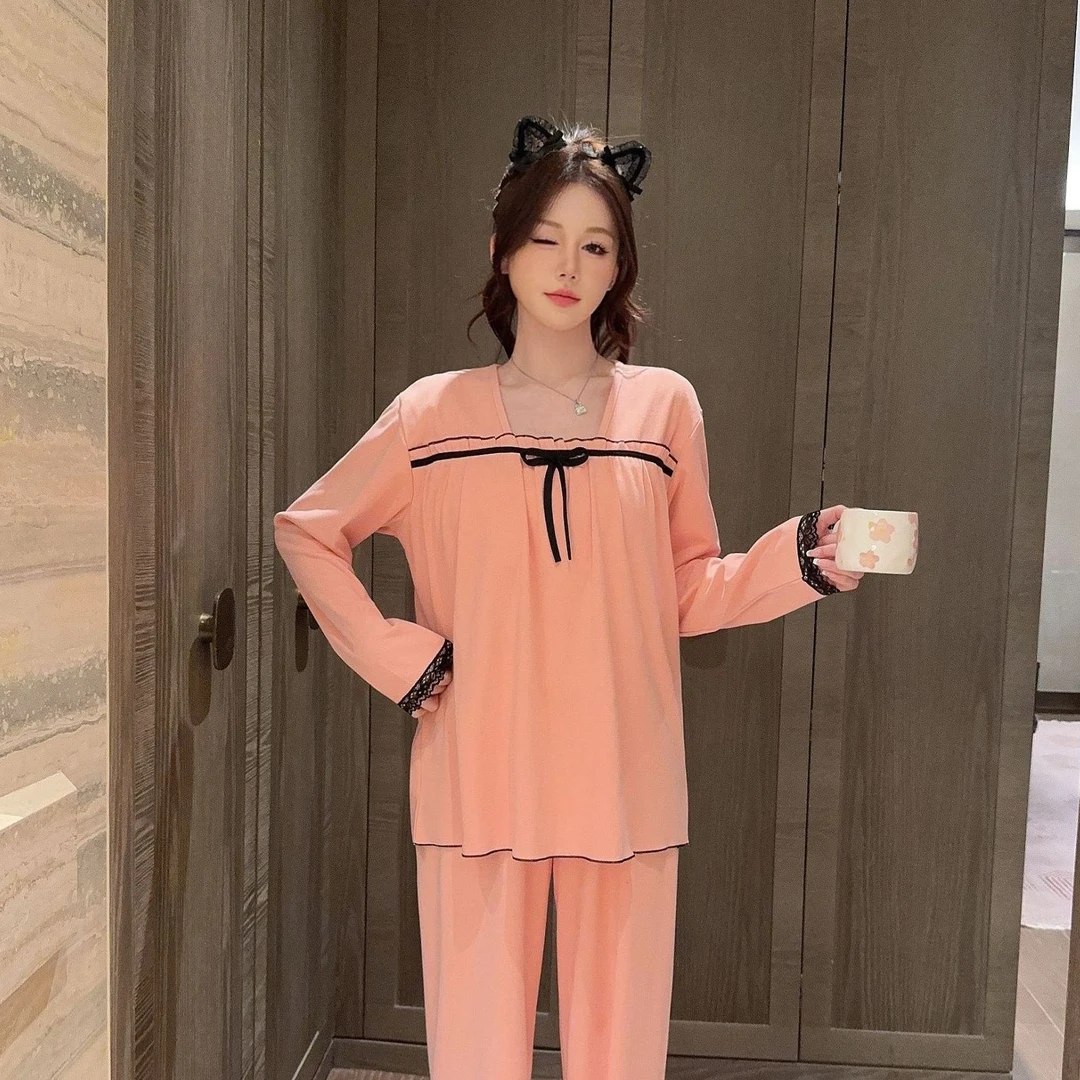 长裤秋季舒适甜美公主风休闲网红大码宽松德绒睡衣长袖皮筋带胸垫