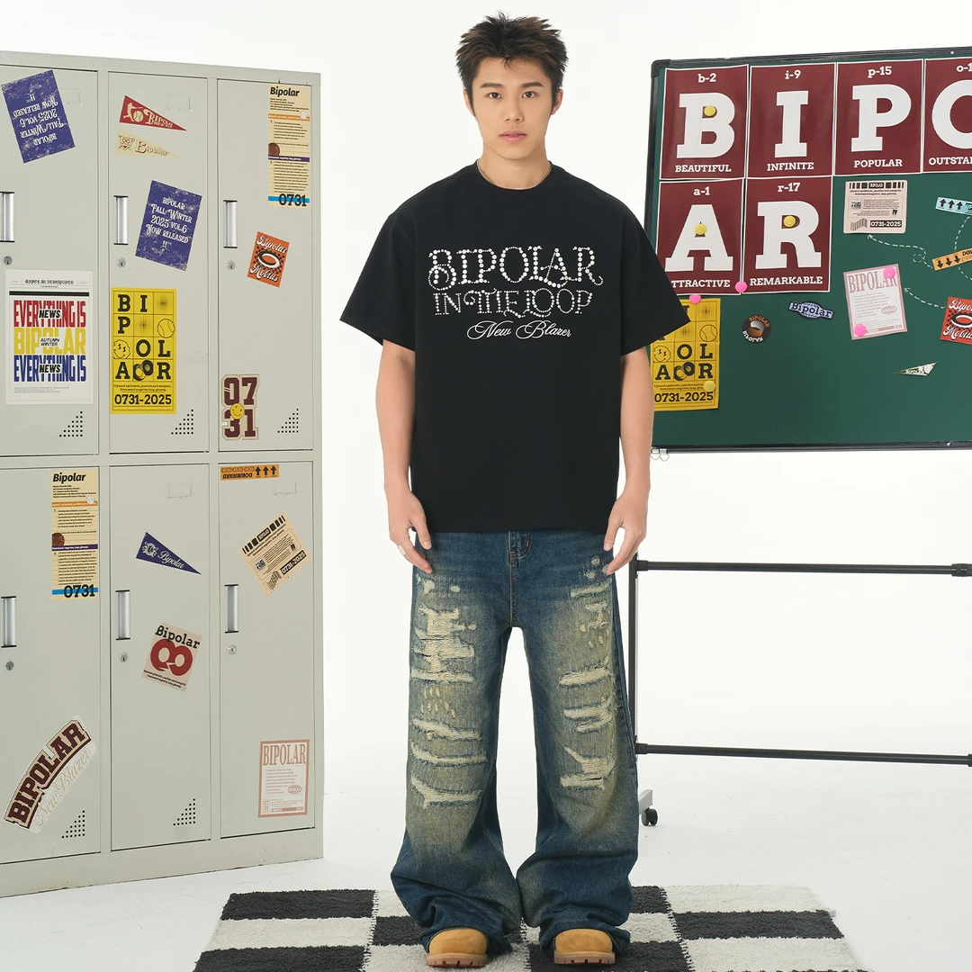 BIPOLAR针织金属烫珠宽松圆领情侣夏季装短袖T恤 11N010