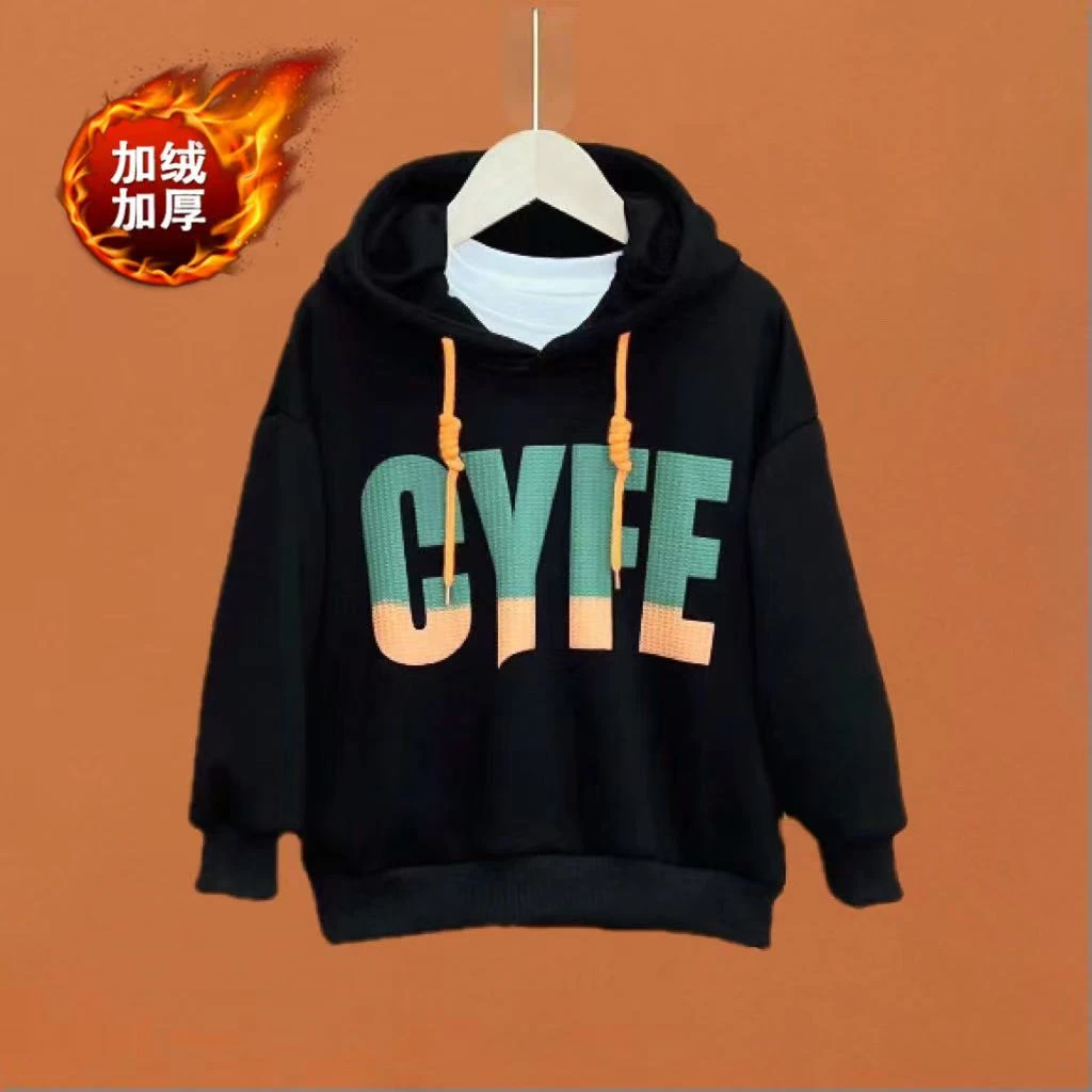 现货冬款男女童加绒连帽卫衣中大童一体绒加厚上衣冬亲子装