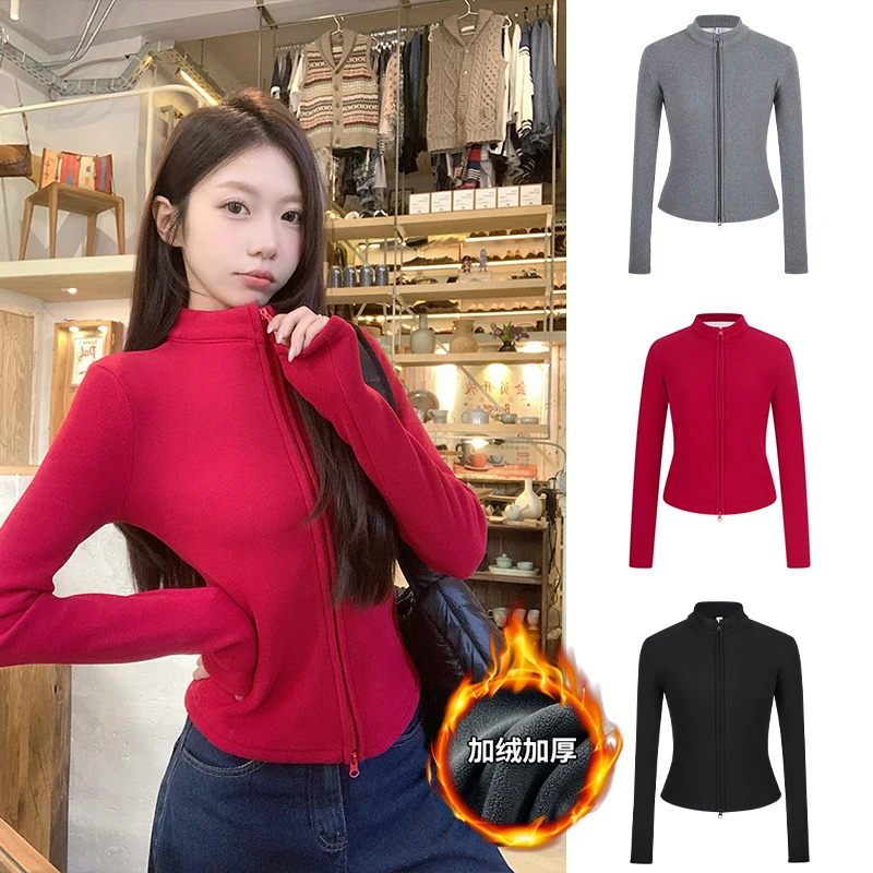 Moses Queen/魔西女王美式双拉链外套加厚上衣女立领修身掐腰开衫