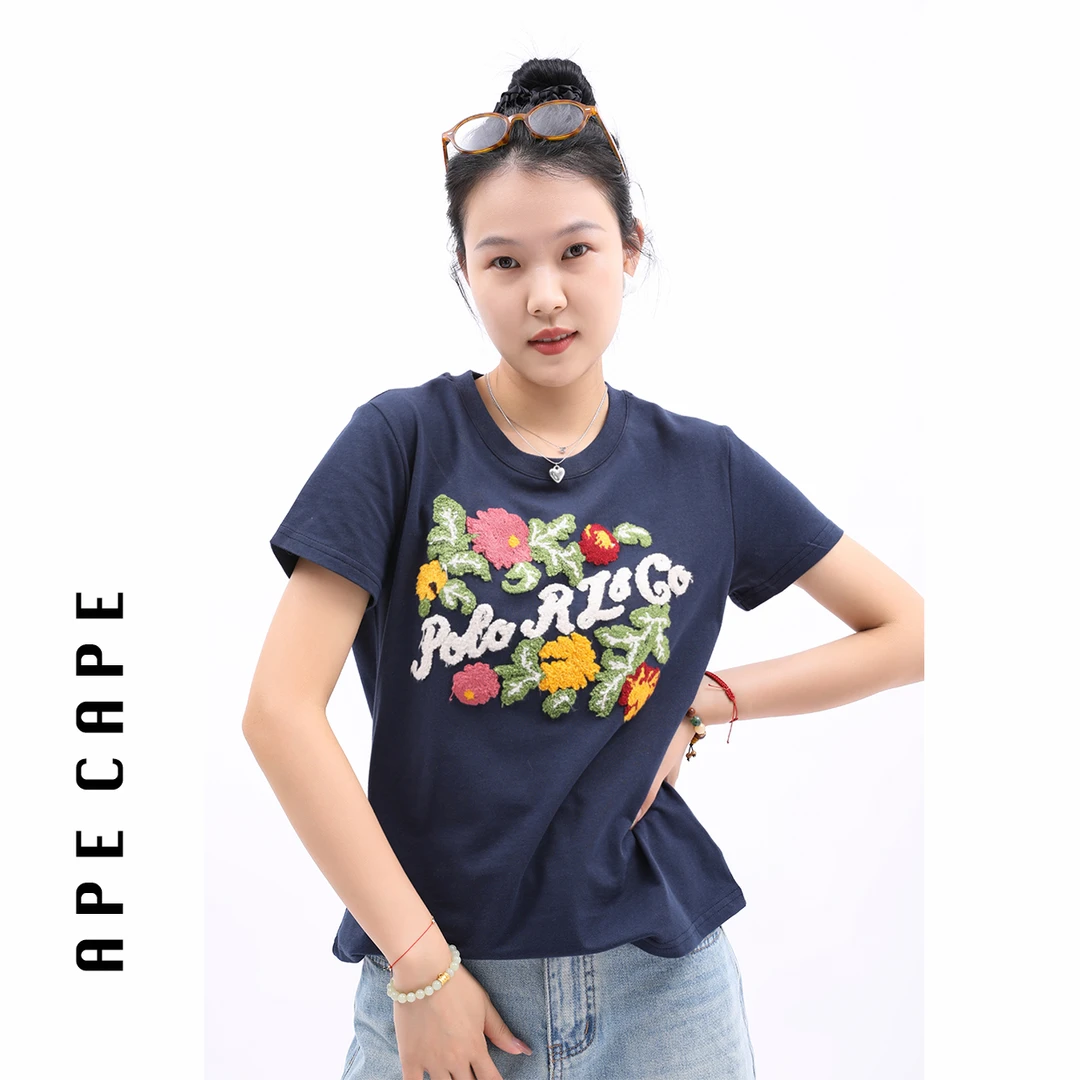 APE CAPE【赫本的花园】重工立体花朵刺绣短袖T恤女 夏季文艺潮流T