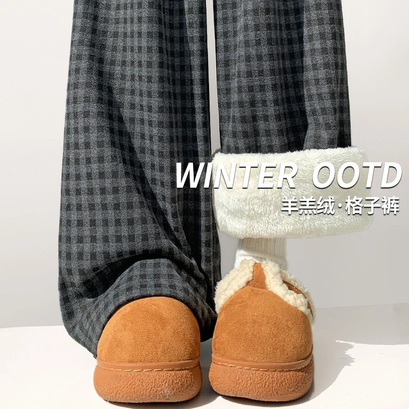 黑灰色格子休闲裤女冬季加绒胖mm大码显瘦宽松慵懒垂感直筒阔腿裤