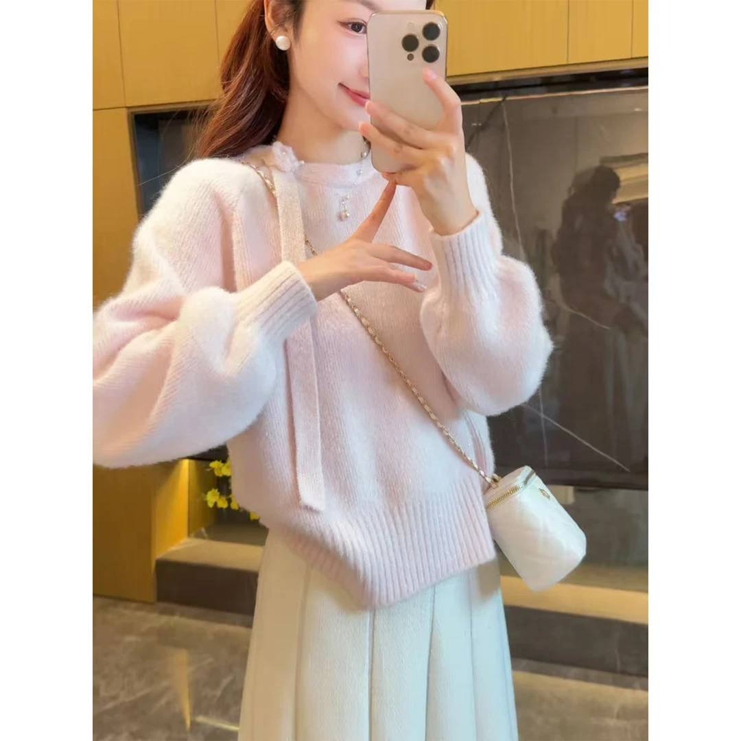 粉色甜美风飘带长袖毛衣女秋冬加厚慵懒高级感宽松内搭打底衫上