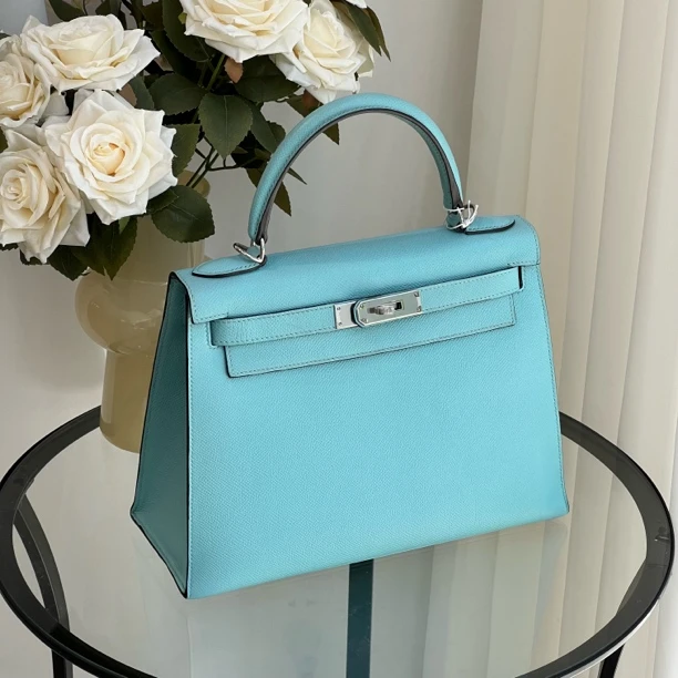 95新 Hermes/爱马仕 Kelly28马卡龙蓝银扣e皮外缝t刻/5672