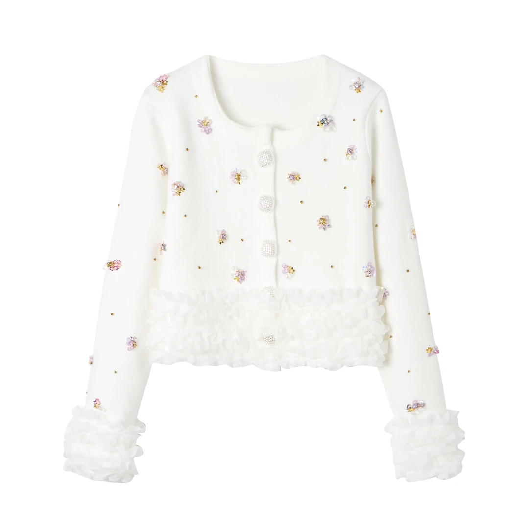 LYN 设计师品牌公主风彩色钻饰波纹上衣