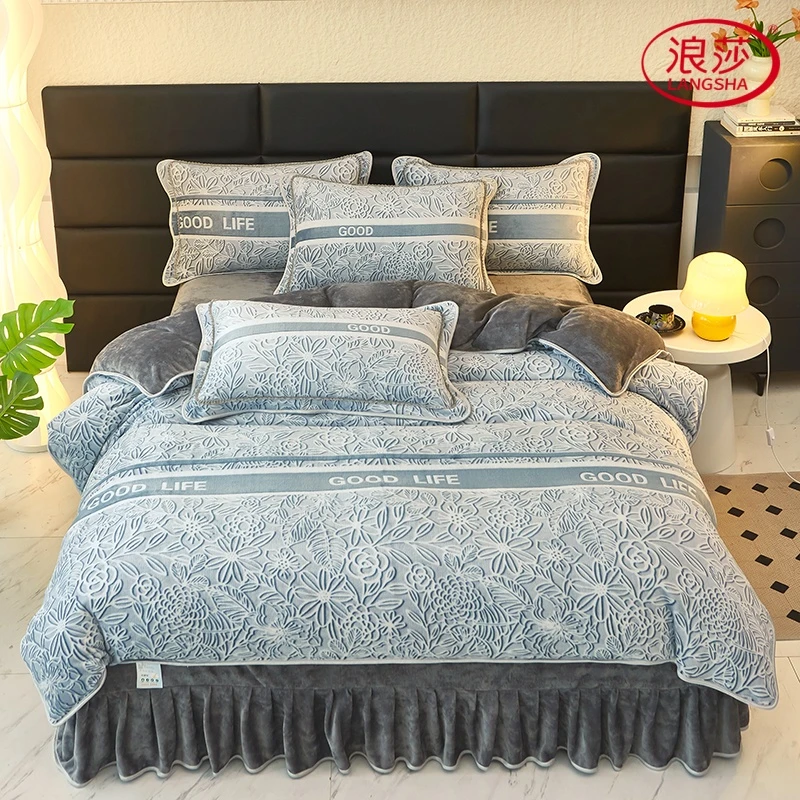 LangSha/浪莎升级款秋冬床裙加绒加厚绒印花牛奶绒四件套轻奢