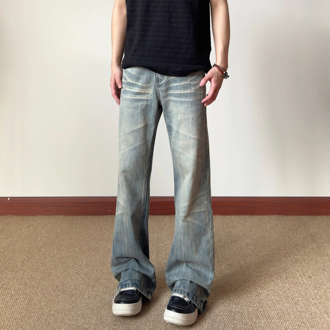 布老哥Blog美式高街cleanfit微喇牛仔裤修身闪电猫须直筒长裤K728