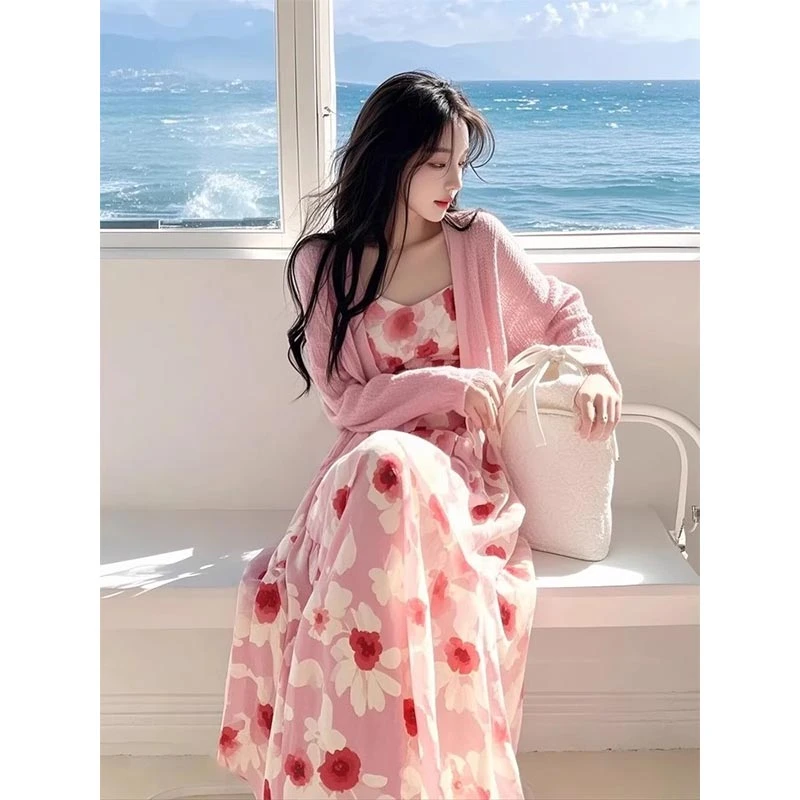 粉色开衫吊带裙套装2025春爆款法式气质开衫连衣裙休闲套装