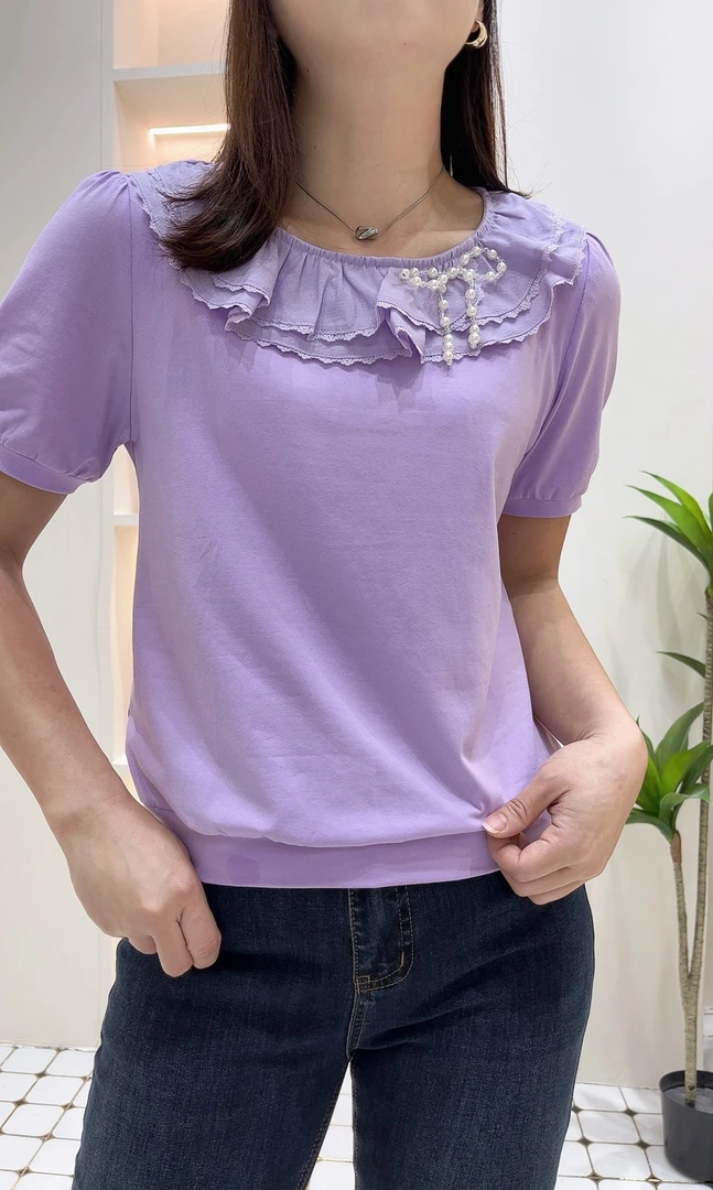 海百合荷叶边纯色显瘦上衣2675#