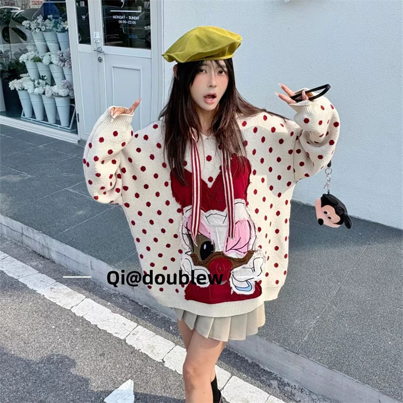 学院风连帽波点针织衫套头长袖毛衣女春秋冬内搭打底甜美减龄上衣