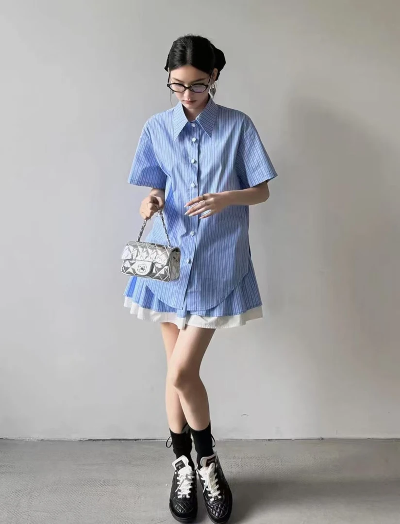 韩版学院风减龄衬衫条纹短裙套装女2025夏季新款小众不撞款两件套