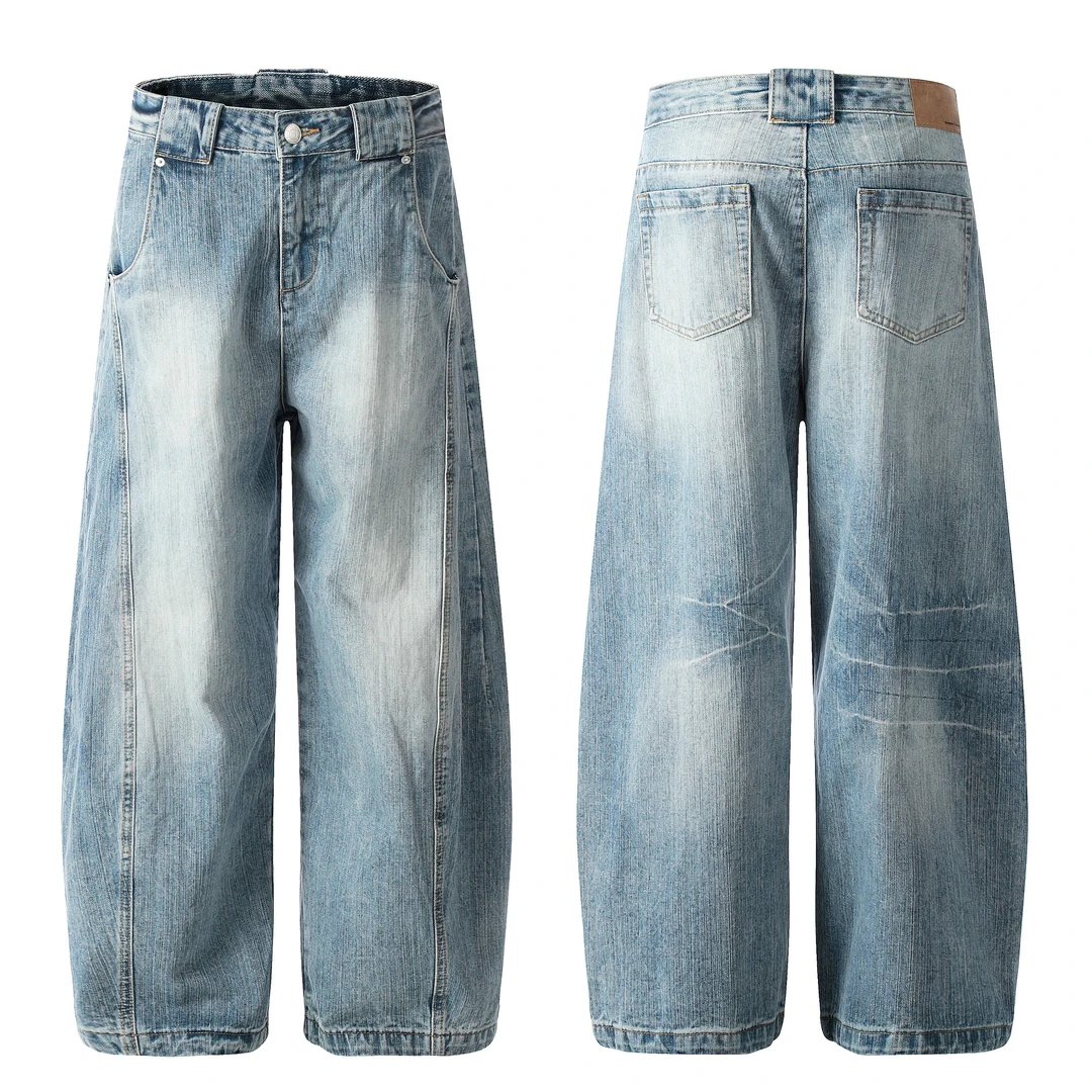【竹节纹】美式复古竹节明线解构水洗弯刀牛仔裤男女宽松百搭裤子