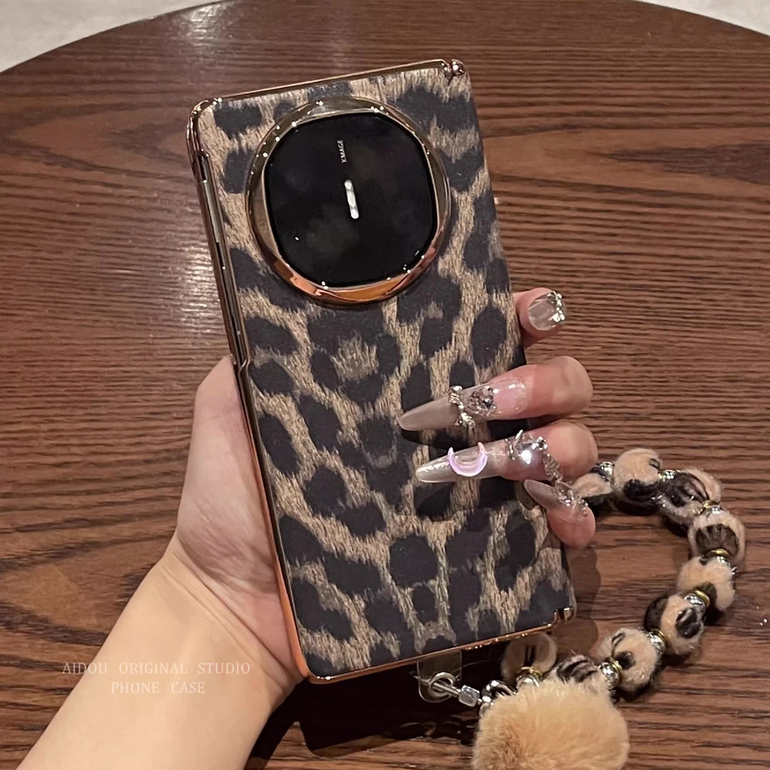 适用华为MateX6手机壳新款时尚豹纹matex5个性X3典藏版中轴牛皮