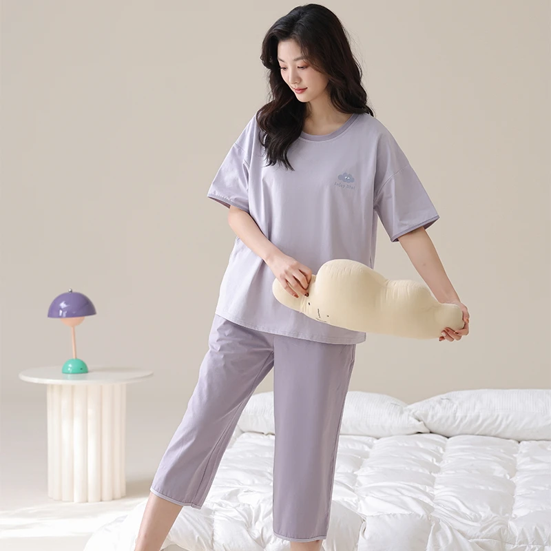 迪紫兔纯棉夏季短袖睡衣女七分裤套装纯色带胸垫家居服女士可外出