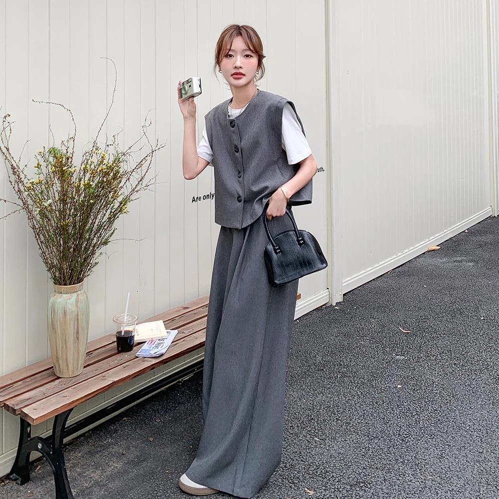 轻熟风通勤灰色西装马甲套装女2025春夏新款韩系宽松阔腿裤两件套