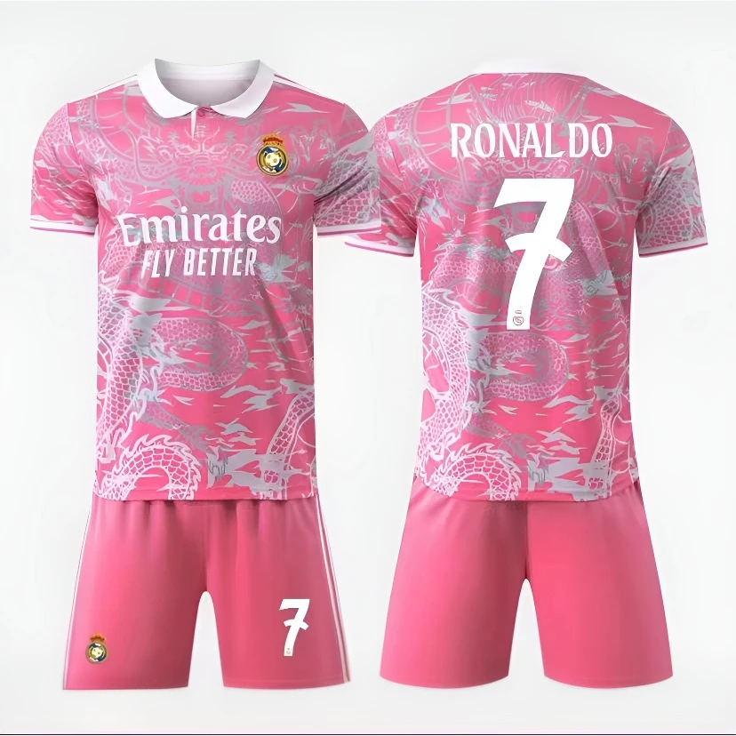 2526皇马C罗粉色龙纹套成人儿童夏季速干透气足球服套装训练队服