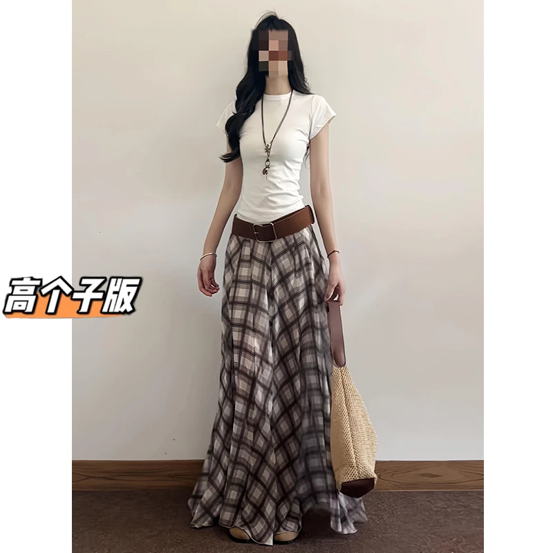 裙长100cm高个子加长复古格子A字大摆半身裙女夏季宽松显瘦拖地裙