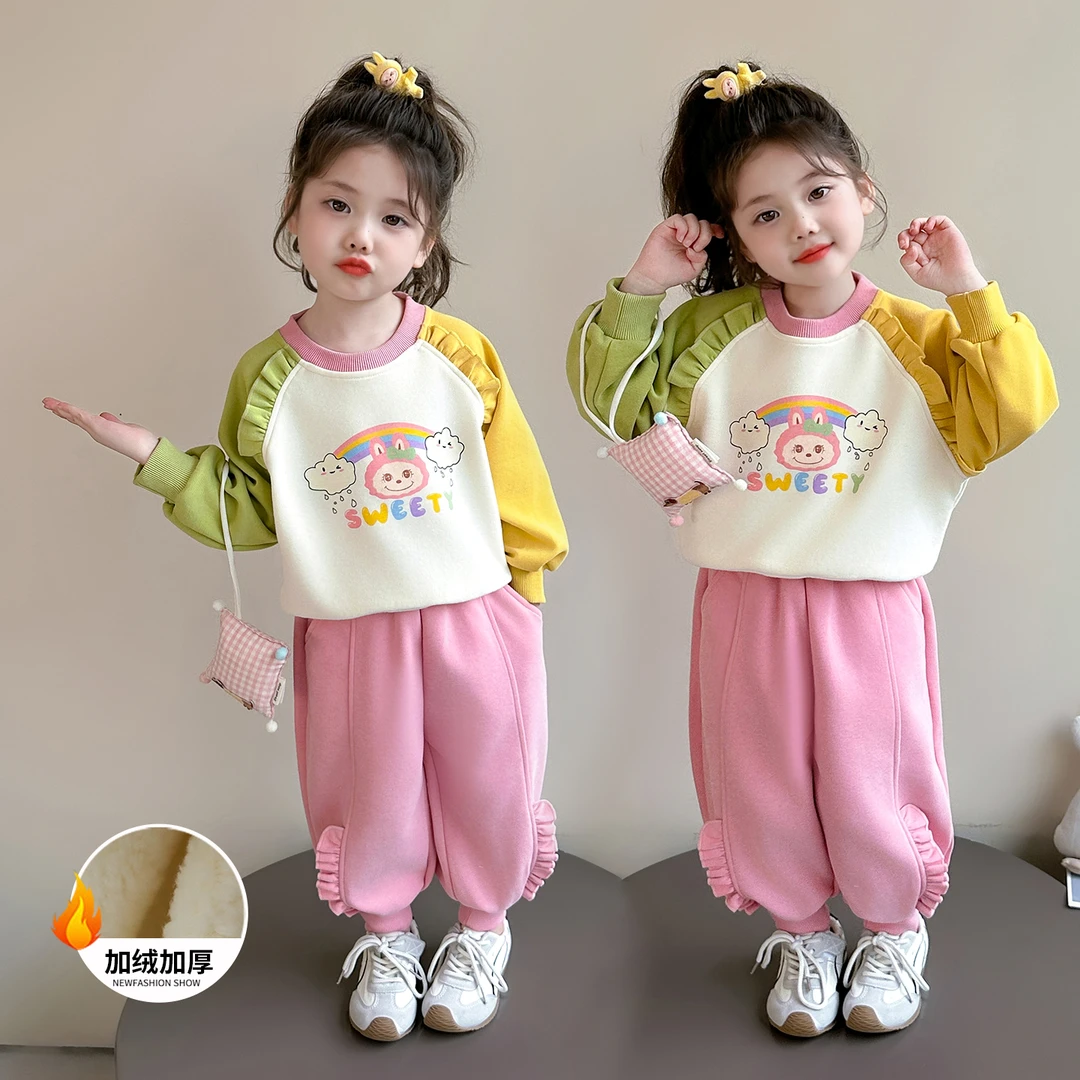 女小童秋冬加绒加厚款套装女宝宝拼色卫衣秋装儿童洋气时髦两件套