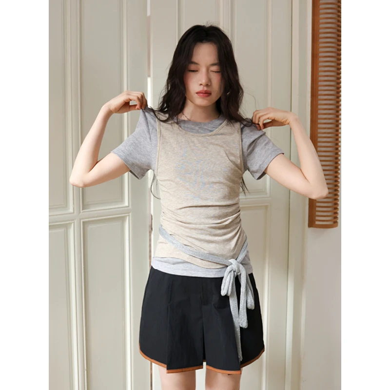 【3/3 新品】多色 设计感莱赛尔圆领收腰显瘦堆叠假两件背心短袖