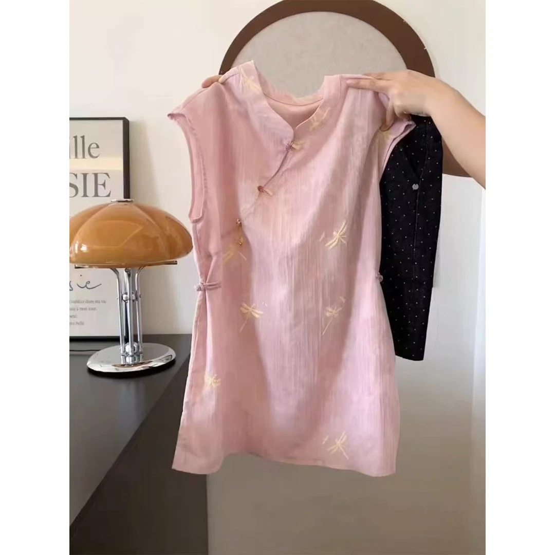 新中式国风盘扣刺绣立领粉色短袖衬衫女夏季气质飞袖掐腰显瘦上衣