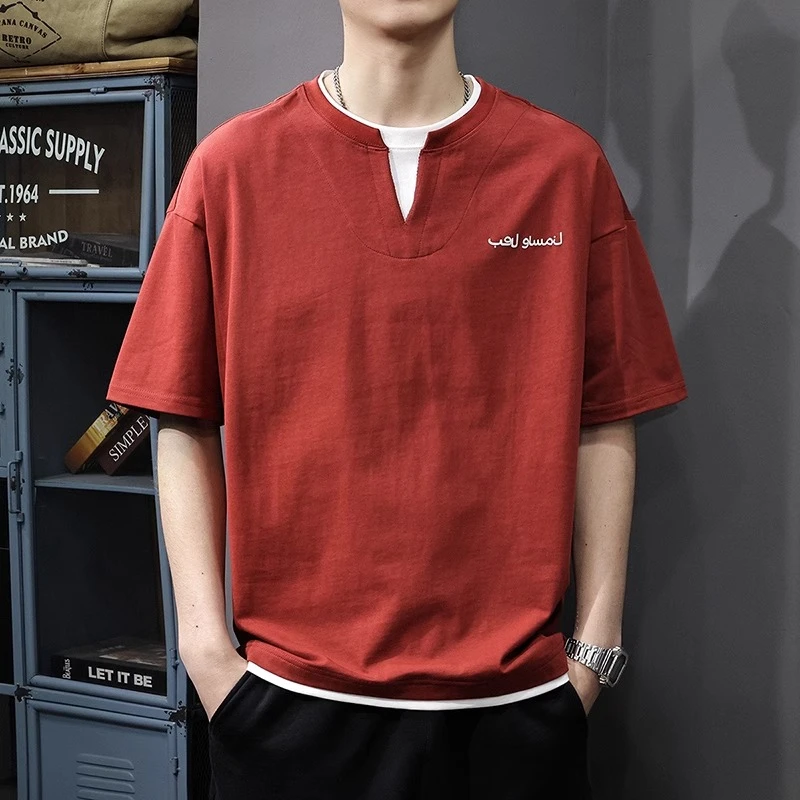 MR.MUDI/穆迪先生 2025夏美式潮牌设计感短袖t恤男假两件半袖V领