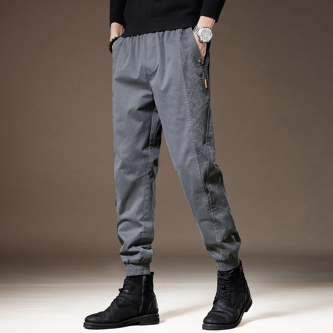 高端秋季新款复古束脚休闲裤男宽松大码拼接工装裤潮哈伦运动长裤