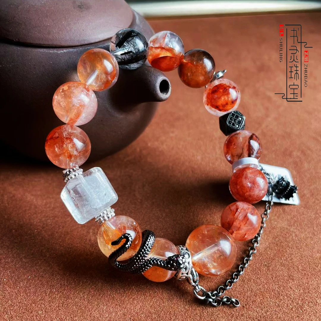 2025灵蛇天然胶花水晶手串手链能量消磁石红胶花黑发晶净化灵气女
