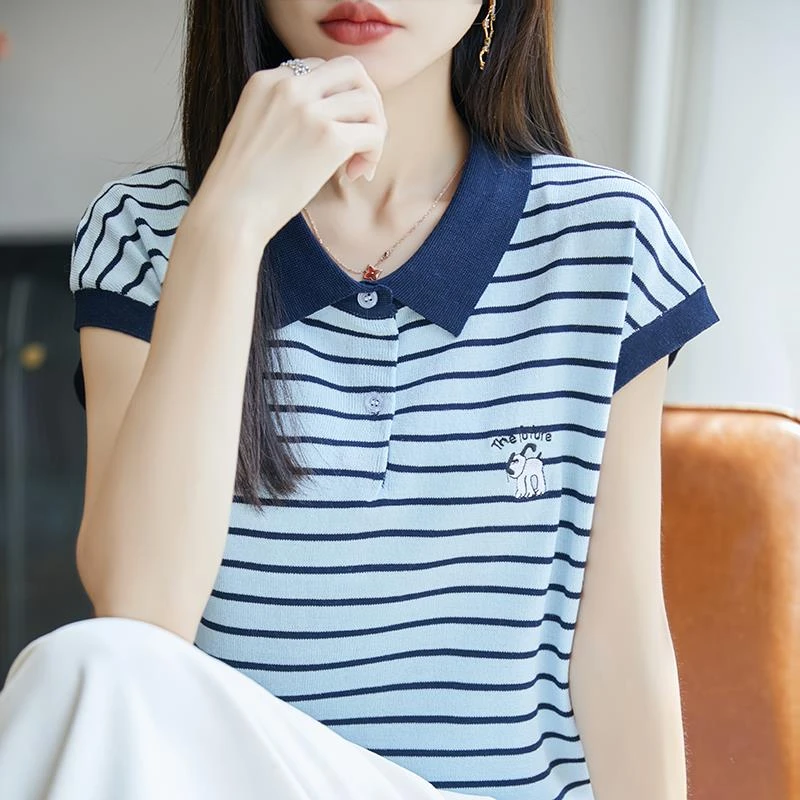 冰丝polo衫女夏季2025新款时尚简约拼色宽松薄款条纹针织短袖T恤
