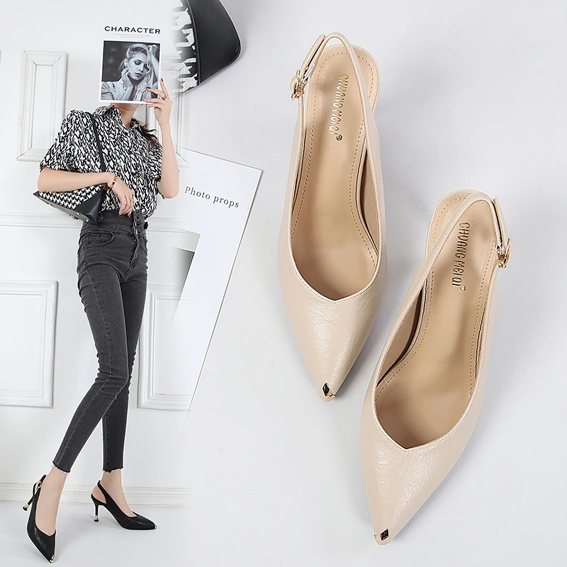 细跟一字带凉鞋复古尖头绑带凉鞋尖头女鞋中跟百搭夏季鞋子