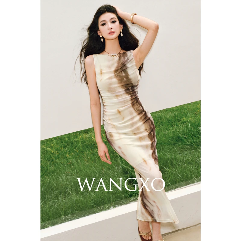 WANGXO  水墨晕染抽皱显瘦连衣裙250522W