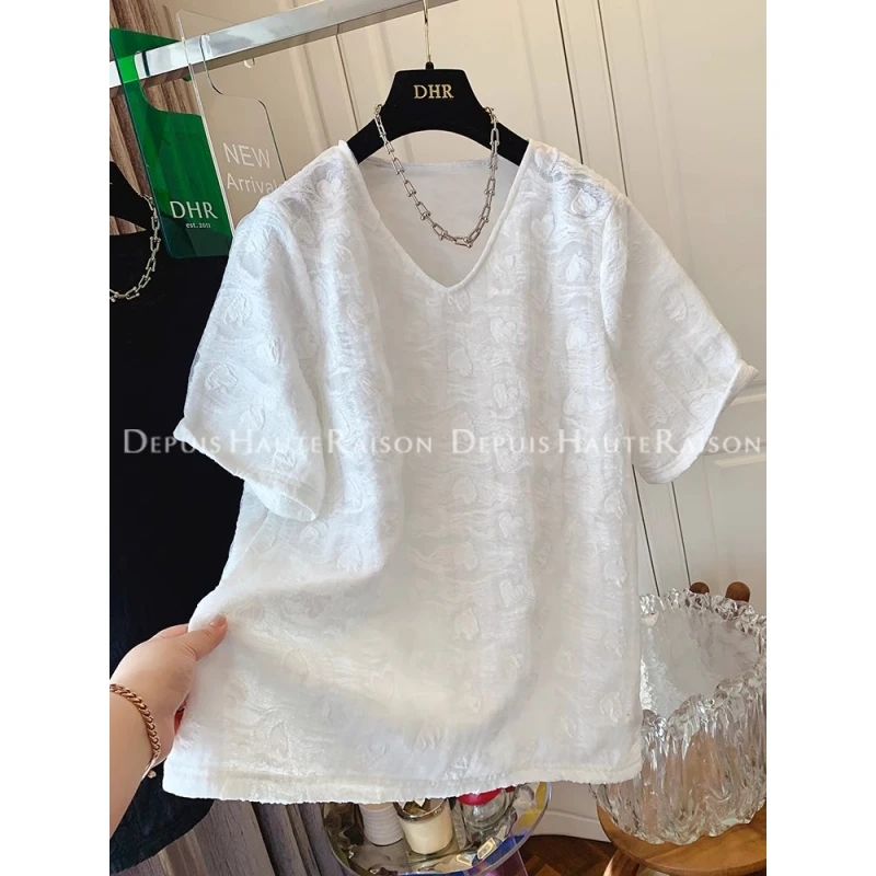 胖妹妹240斤独特肌理感爱心V领短袖T恤女2025夏新款宽松大码上衣