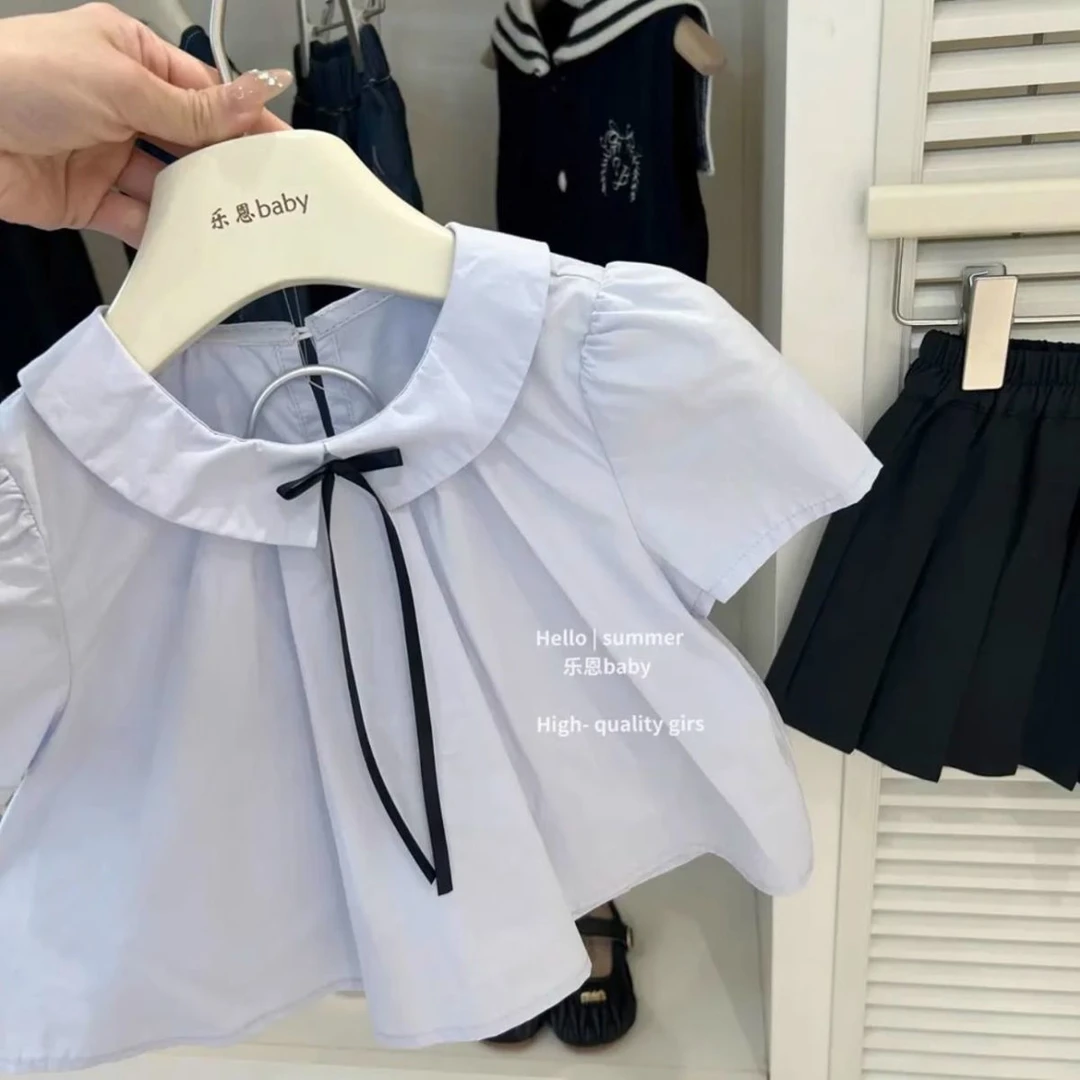 【现货】女童学院风纯色百褶裙套装夏季短袖韩版衬衫白色两件套洋气