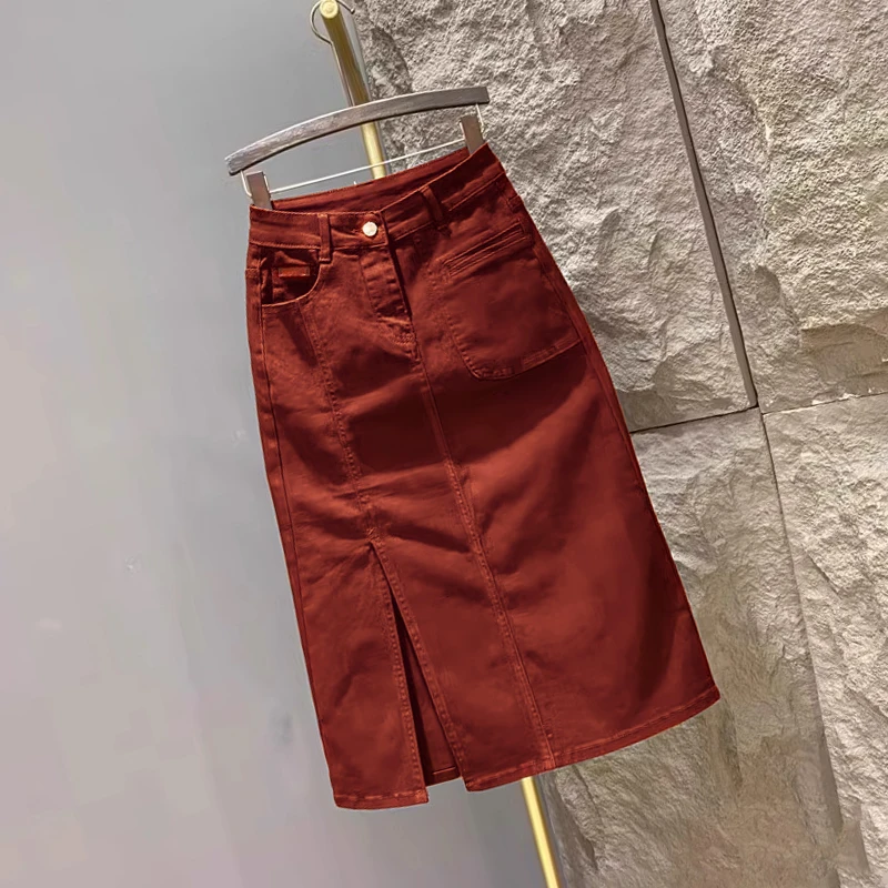 酒红色高腰显瘦侧开叉a字中长款美式工装包臀裙春秋牛仔半身裙女