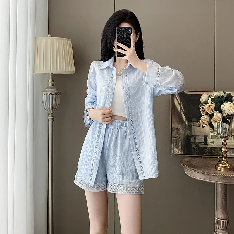 欧货防晒衬衫短裤休闲套装女夏季2025新款时尚洋气长袖衬衣两件套