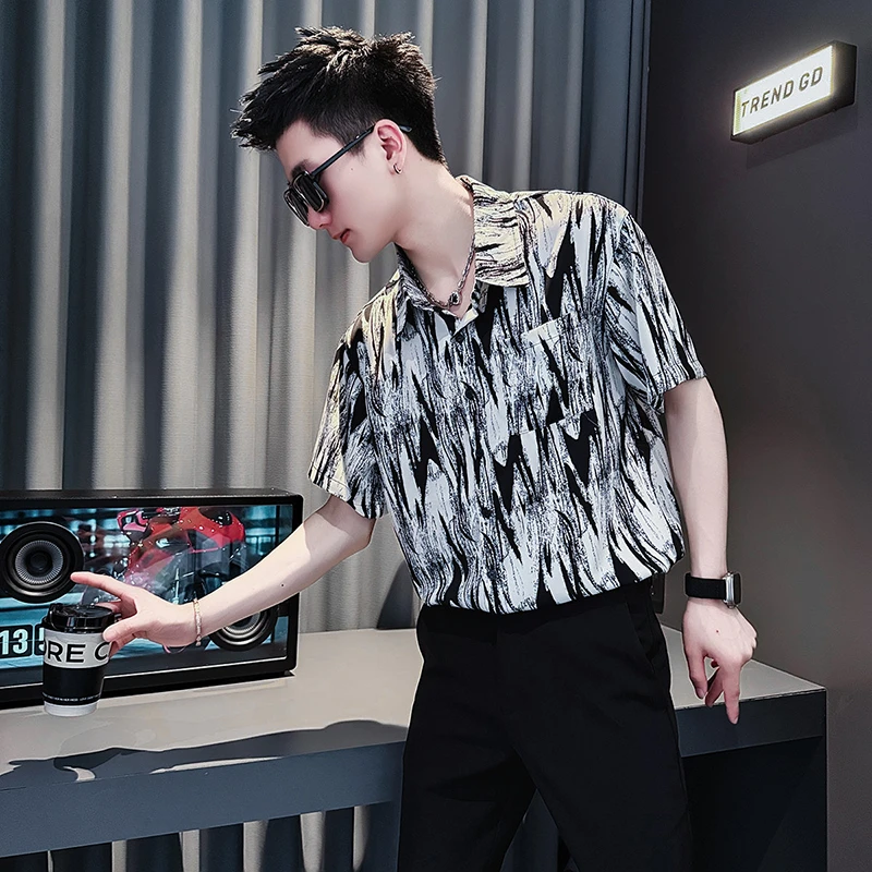 撞色衬衫男款短袖夏季2025新款爆款高端冰丝垂感男士夏款中袖衬衣