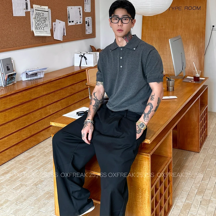 OXFREAK「纽扣设计 老钱风」针织正肩翻领短袖t恤男修身打底上衣