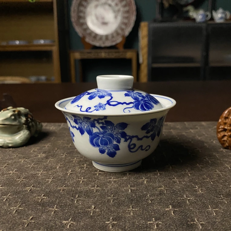 仿明清官窑 青花瓜果纹二才盖碗非遗传承人 振鹭堂