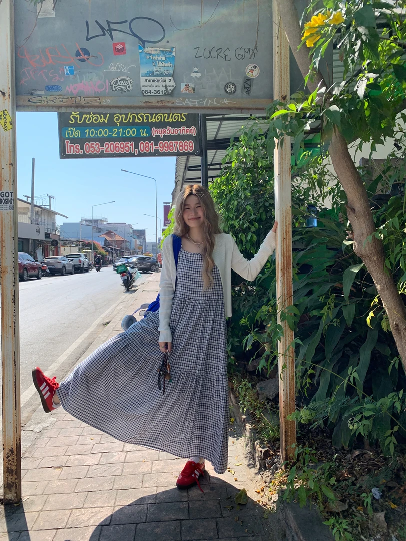 爆爆微胖韩国chic夏复古气质格子吊带裙甜美可爱风格衣服3600#