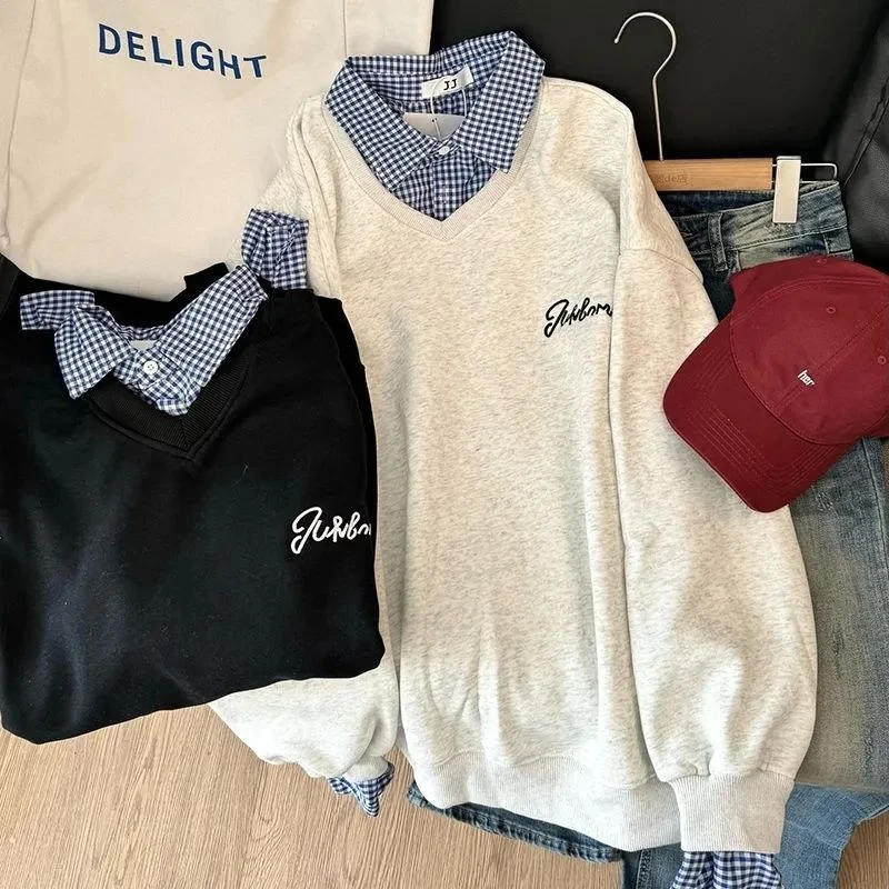 美式复古学院风拼接假两件polo领卫衣女秋冬加绒加厚无帽宽松上衣