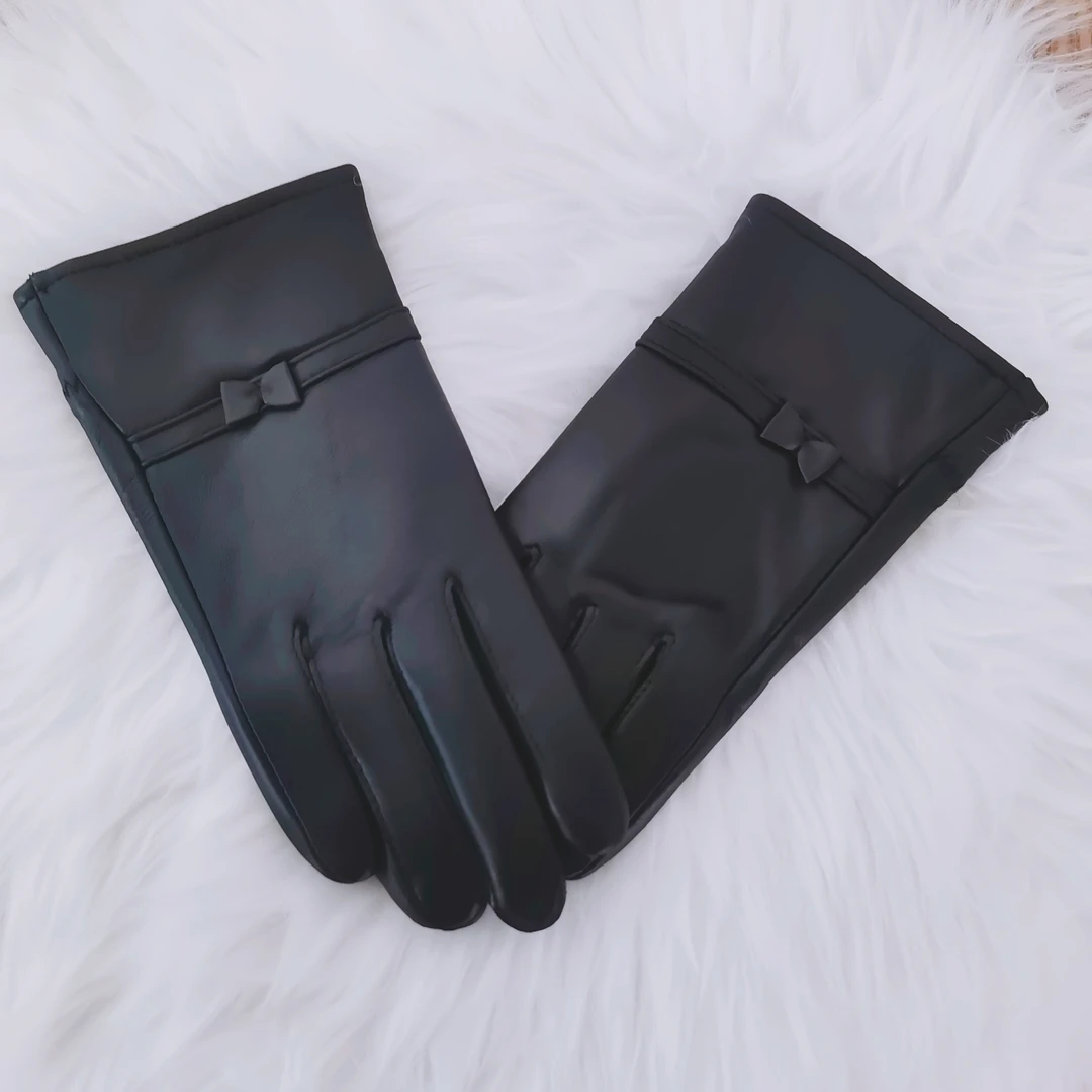 真皮手套女士加绒蝴蝶结秋冬开车保暖