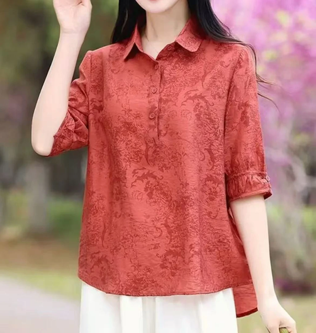 【提花】新款时尚2025气质减龄短袖洋气显瘦时尚百搭宽松翻领上衣